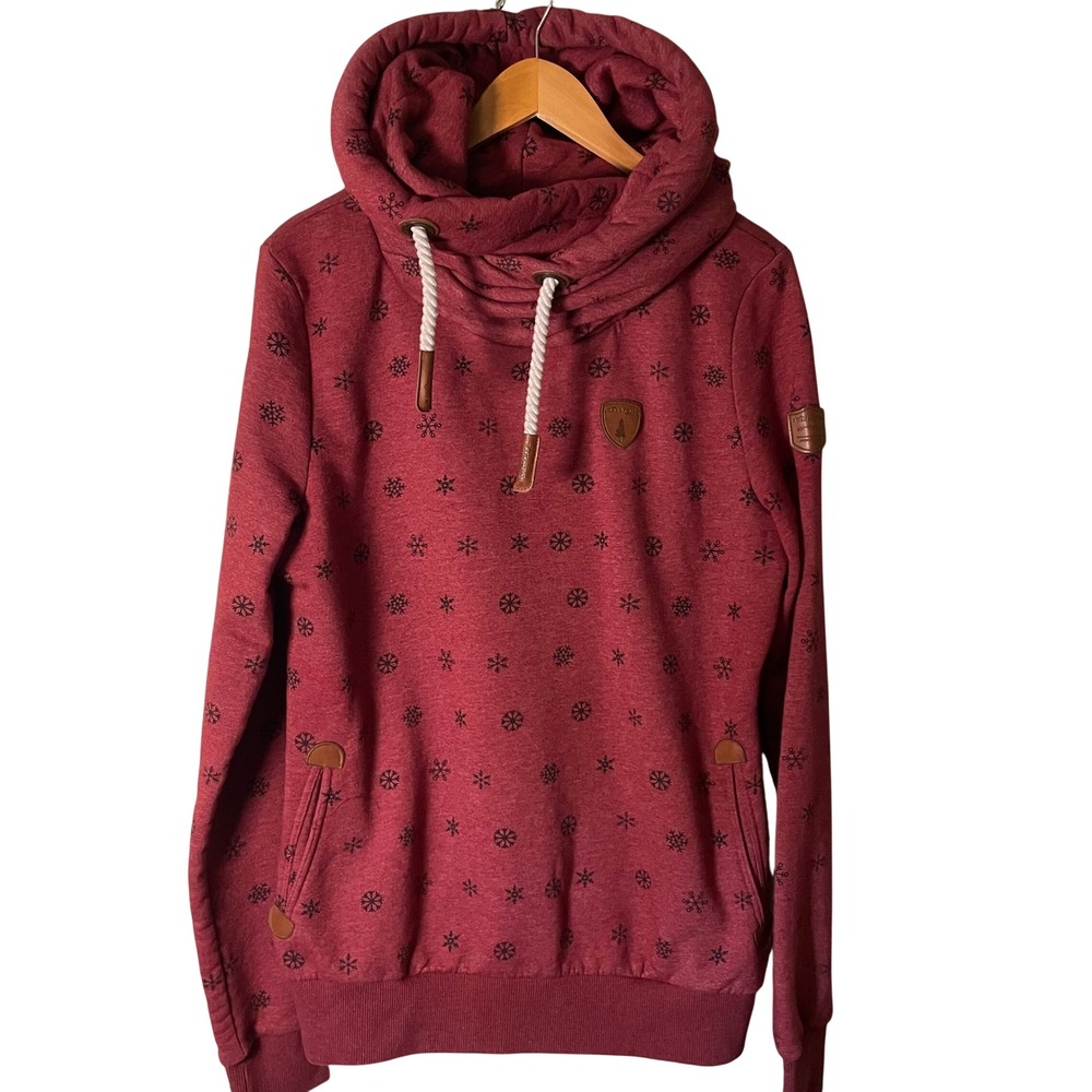 Wanakome Hestia Cowl Neck Hoodie XL Burgundy Red Snowflake Print Winter Pullover